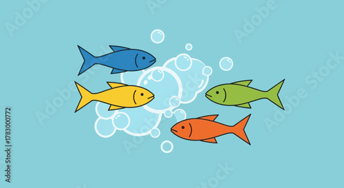 Colorful fish swimming with bubbles