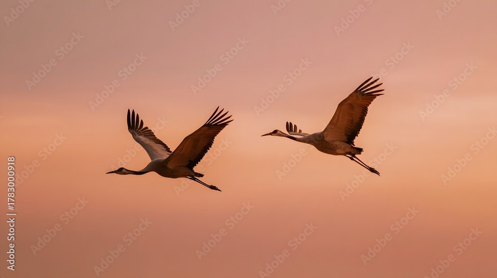 Obraz premium Two large wading birds glide across a pastel colored twilight sky