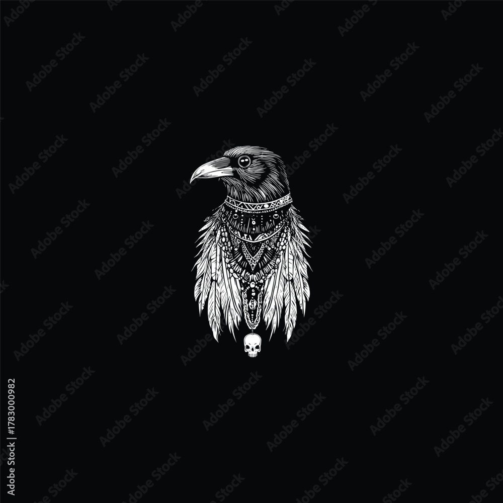 Fototapeta premium vintage engraving illustration of a raven or crow's head wearing ornate necklaces, beaded jewelry