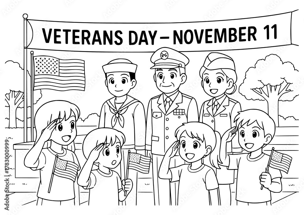 Fototapeta premium Veterans Day coloring pages for kids featuring soldiers, flags, and patriotic symbols. Perfect for classroom lessons, homeschool, or holiday crafts to honor heroes and learn about service.
