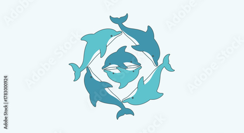 Group of playful dolphins swimming in a circle
