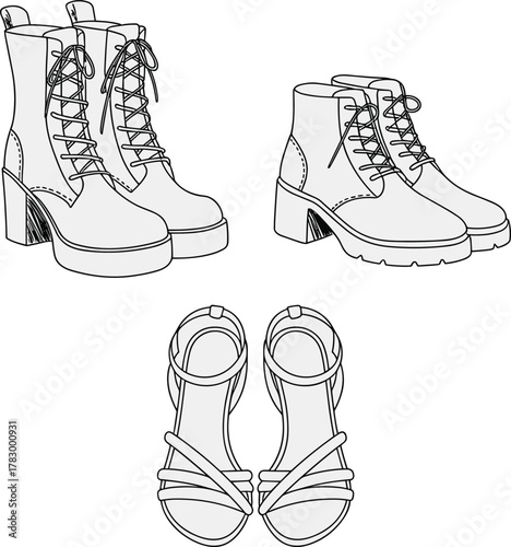 Footwear collection, ankle boots, lace-up shoes, sandals, fashion sketch, shoe design, seasonal styles, technical drawing, cad drawing flat vector illustration