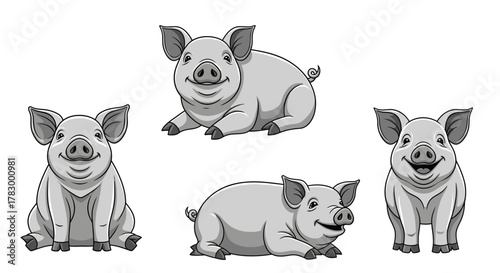 Happy pigs in various poses with transparent background