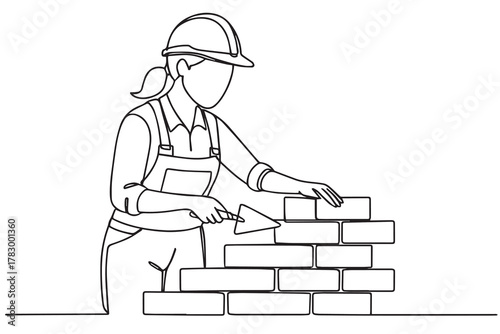 A black and white one line vector drawing of a woman building a wall, carefully stacking bricks with cement, symbolizing strength, dedication, and the art of construction.