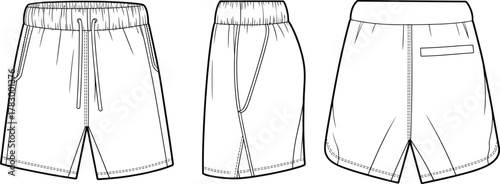 Shorts front side back view, elastic waistband with drawstring, side and back pockets, fashion flat sketch, cad drawing vector illustration