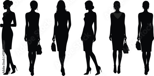 Fashion woman silhouette, stylish female vector, elegant lady clipart, handbag pose illustration, black dress icon, model standing design