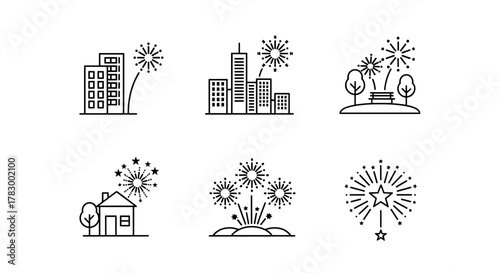 Celebrate special moments with vibrant fireworks illuminating cityscapes and serene park scenes, perfect for festive designs.