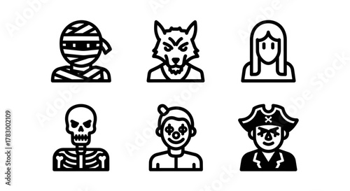 Spooky Halloween icons featuring mummy, werewolf, ghost, skeleton, clown, and pirate characters for festive design