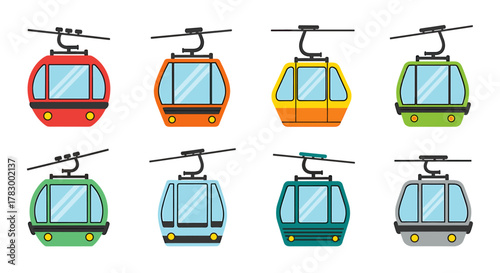 Vibrant collection of colorful cable car gondolas soaring high above, perfect for transportation or resort themes