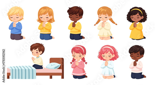 Diverse children peacefully praying for blessings and guidance in a moment of quiet reflection, offering hope and faith.