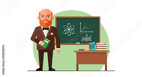 Serious professor holding book stands by chalkboard with scientific formulas and graphs, representing education and knowledge.