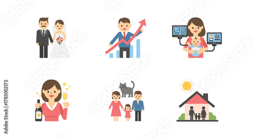 Celebrate life's milestones from wedding vows to family growth and career success with these vibrant, modern lifestyle icons.