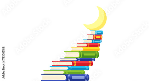 Ascend to knowledge: colorful stacked books create a staircase leading to a bright crescent moon, symbolizing learning and achievement.