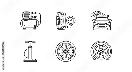 Essential car maintenance icons including tire pressure, air compressor, car wash, tire pump, and flat tire for automotive services and repair guides.