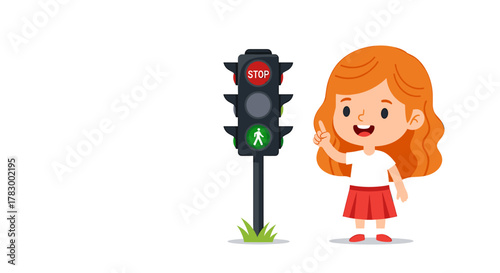 Joyful child learning traffic safety with a green walk signal and red stop light, promoting pedestrian awareness and education