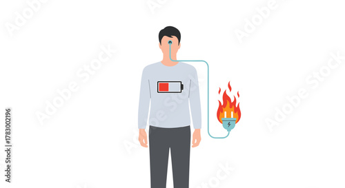 Man with low battery symbol on shirt and burning power plug symbolizes burnout and exhaustion from overwork