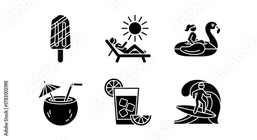 Vibrant summer icons capture beach fun, relaxation, refreshing drinks, and thrilling surf adventures for your next project.