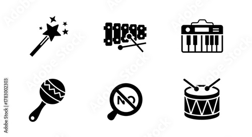 Whimsical magic wand, xylophone, keyboard, maraca, and drum icons spark imagination and creativity for children's entertainment and educational projects.