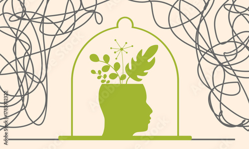 Psychotherapy concept. Metaphor of problem solving, chaos and mess, difficult situation. Psychological help and mental health. Human head with plants as positive emotions and tangle of problems.