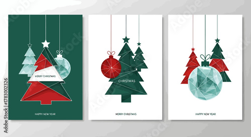Three Christmas and New Year greeting cards with geometric Christmas trees and ornaments hanging from strings.