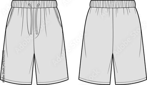 Shorts technical sketch front and back, elastic waistband, drawstring, side pockets, plain back, fashion flat, garment design, vector template, cad drawing flat vector illustration