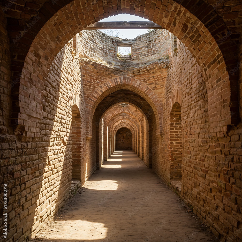 Obraz premium Ancient Roman Aqueduct Arches Perspective Tunnel Light and Shadow.