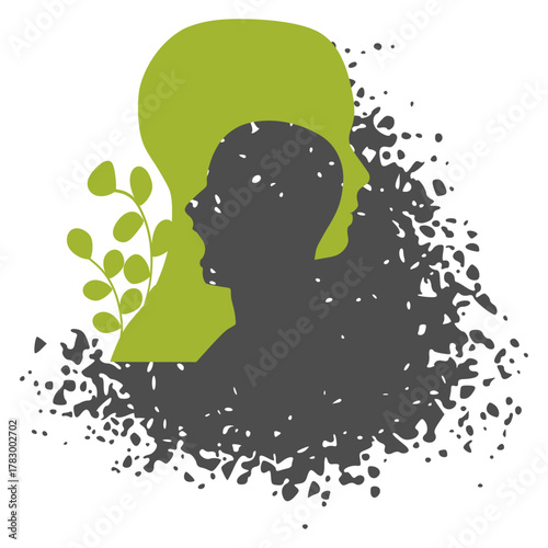 Human face side view silhouette. Schizophrenia and split personality disorder and mental health psychiatric disease concept. Mental health. Mind conditions comparison.