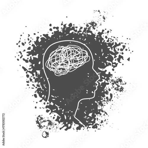 Psychotherapy, stress and psychosis. A man head in profile with a tangled ball of nerves, scribbles symbolizing a depressed state of a person. Psychological help. Personality disorder and depression.