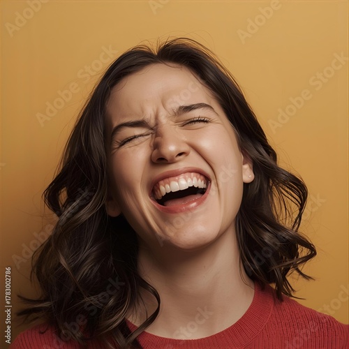 Portrait of a young woman laughing joyfully with her eyes closed, a vibrant and expressive depiction of pure happiness