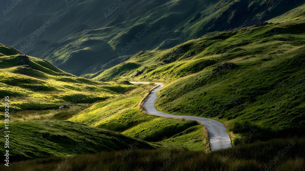 Obraz premium Winding asphalt road descends through rolling sunlit green mountain valley