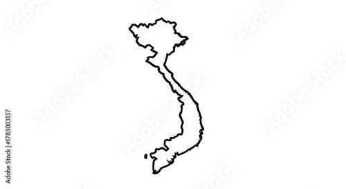 Minimalist black and white outline map depicting the borders and unique elongated S-shape of the Southeast Asian nation of Vietnam.