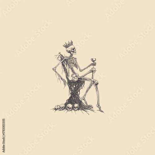 vintage engraving style illustration of a relaxed, crowned skeleton sitting comfortably in an upholstered armchair throne made of dark roots and holding a glass of wine