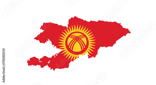 Map of Kyrgyzstan in the colors of its national flag, featuring the traditional tunduk symbol of a yurt.