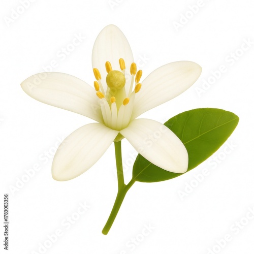 Orange Blossom Flower with Leaf, Isolated on White Background.