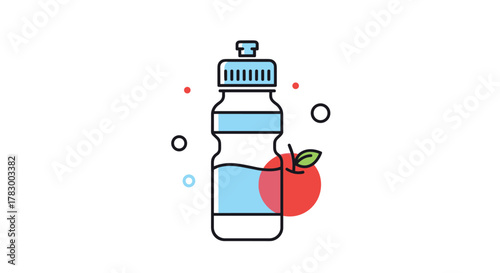 Stylized icon representing a healthy lifestyle with a water bottle and an apple, promoting hydration and nutritious eating.
