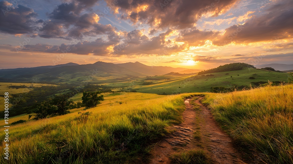 Naklejka premium Dirt path winds through rolling grassy hills under a dramatic sunset sky