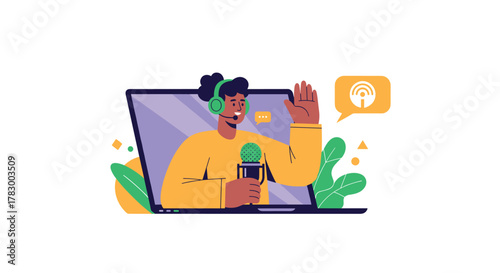 A smiling man broadcasts a podcast or live stream from his laptop, wearing headphones and holding a microphone.