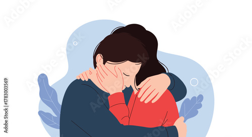 A compassionate woman embraces a grieving man, offering solace and support during a moment of profound sadness and emotional distress.