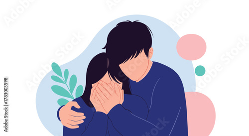 A man comforts a distressed woman, who hides her face in her hands while crying, showing empathy and support in a difficult moment.