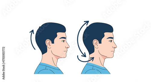 Illustration depicting a person performing neck exercises to improve posture and relieve tension, showing head flexion and extension.