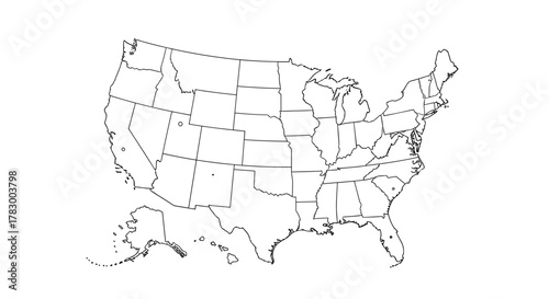 Black and white outline map of the United States with state borders, including Alaska and Hawaii, ideal for educational or design projects.