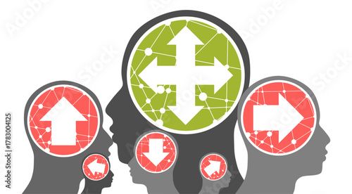 Head with arrows icon. Making decisions. Versatility, opportunities, mental flexibility concept. Multi way vs one way direction. Mind full of choices. Different directions in life. Mind diversity.