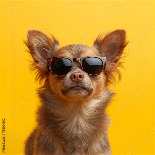 Chihuahua wearing sunglasses and looking cool against a vibrant yellow background
