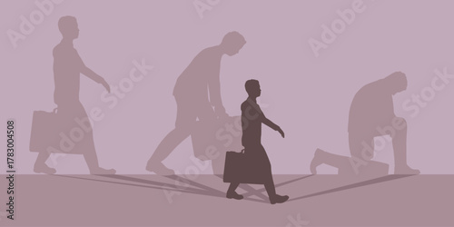 Difference between energy and mood level. Businessman in three versions tired and active. Ready to work and burnout comparison. Businessman walking with briefcase and casting shadow of weary man.