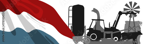 Agricultural icons with waved flag of Netherlands. Background for eco products.