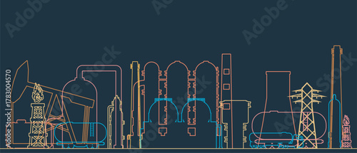 Concept of industrial plant and manufacture building. Energy generation and heavy industry. Thin lines style