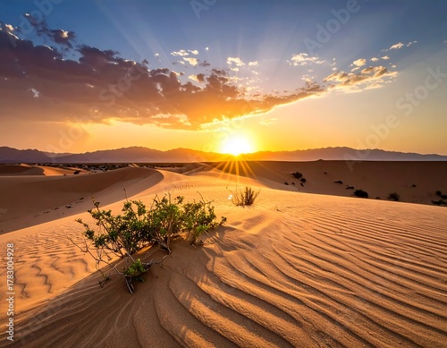 Fototapeta Naklejka Na Ścianę i Meble -  Desert scene with sand dunes, sunset, and distant mountains