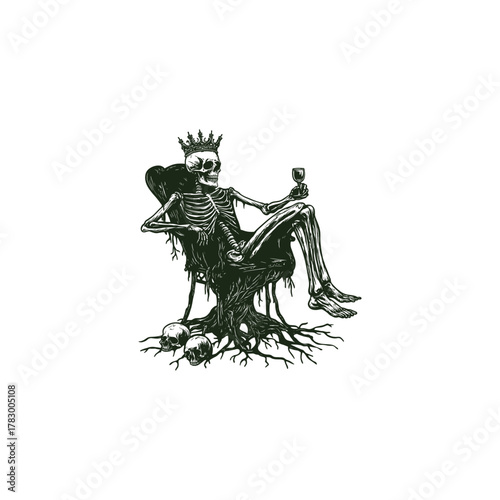 vintage engraving style illustration of a relaxed, crowned skeleton sitting comfortably in an upholstered armchair throne made of dark roots and holding a glass of wine
