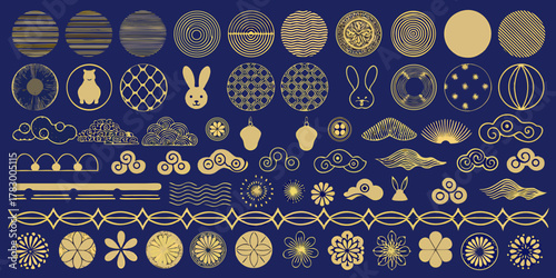 Collection of golden japanese inspired decorative elements on a deep blue background