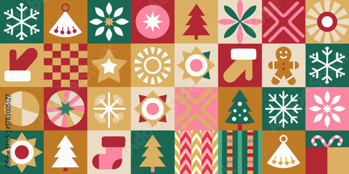 Retro geometric christmas pattern with festive icons and repeating motifs